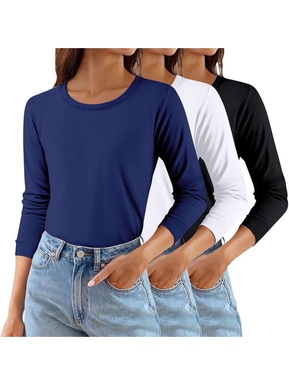 3 Pack Thermal Shirts for Women Long Sleeve Crewneck Base Layer Winter Undershirts Black L