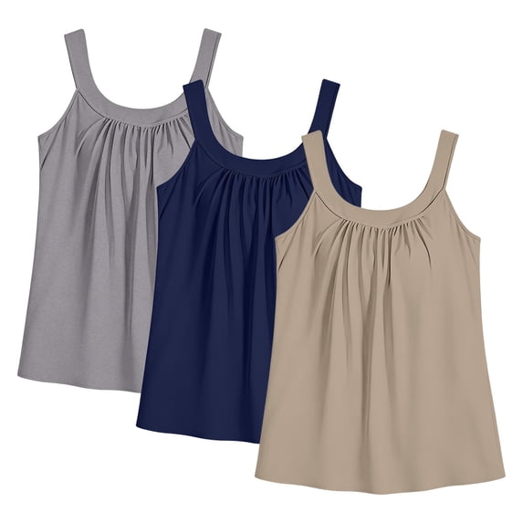 Vinsonshop 3 Pack tank with built in bra for women Flowy Gathered Neck Relaxed Fit Cami Scoop Neck Supportive Sleeveless Casual Summer Comfy Tops Multicolor 17 S