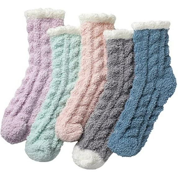 Vinsonshop 5 Pairs Fuzzy Socks Women's Crew Socks Warm Socks Warm Fuzzy Socks for Women Fluzzy Socks Grip Socks Gifts for Women Multi-color One Size
