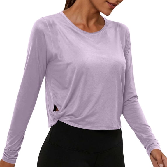 Vinsonshop Activewear Tops for Women Long Sleeve Workout Shirts Crew Neck Twist Hem Athletic Tees Side Slit Lightweight Breathable Yoga Gym Running Exercise Clothes Light Violet XXL