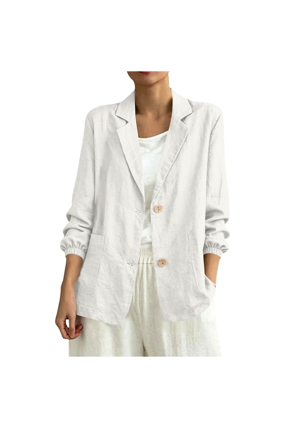 Blazer Jackets for Women Business Casual Linen Blend Suit Coat Lightweight long Sleeve Work Office Breathable Outerwear White XXL