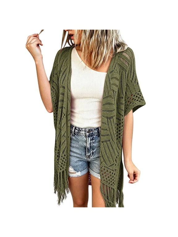 Bohemian Cardigans for Women Tassel Fringe Crochet Knit Open Front Kimono Short Sleeve Lightweight Summer Beach Boho Cover Up Duster Coat Dark Green One Size