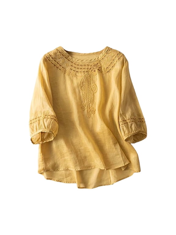 Boho Tops for Women 2026 Boho Tunic Bohemian Tops Cotton Embroidered Peasant Linen Tunic Vintage Embroidered Blouses Peasant Tops Peasant Blouses Beach Fashion Yellow XL