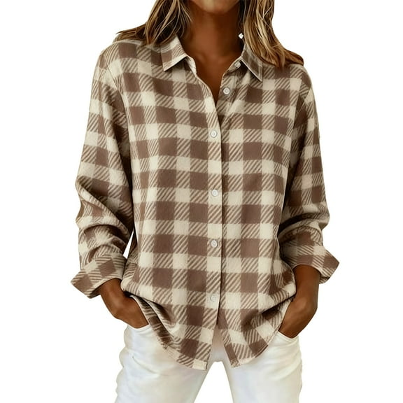 Vinsonshop Button Down Shirt Women Plaid Shirt Women Womens Fall Tops Long Sleeve Button Up Shirts for Women Work Blouses for Women Blouses for Women Dressy Casual Khaki S