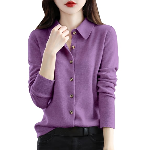 Vinsonshop Button Up Cardigan Sweaters for Women Lightweight Cardigans Spring Fall Collared Work Sweater Teacher Outfits for Women Purple XXL