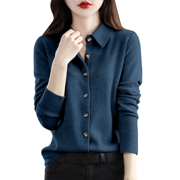 Vinsonshop Cardigan Sweaters for Women Lightweight Button Up Sweater Jacket Collared Work Outfits Fall Fashion Dark Blue L