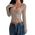 thumbnail image 1 of Vinsonshop Casual Ribbed Cropped Sweaters for Women Long Sleeve Square Neck Knit Tops Slim Fit Basic Pullover Jumpers Fall Fashion Khaki XL, 1 of 9