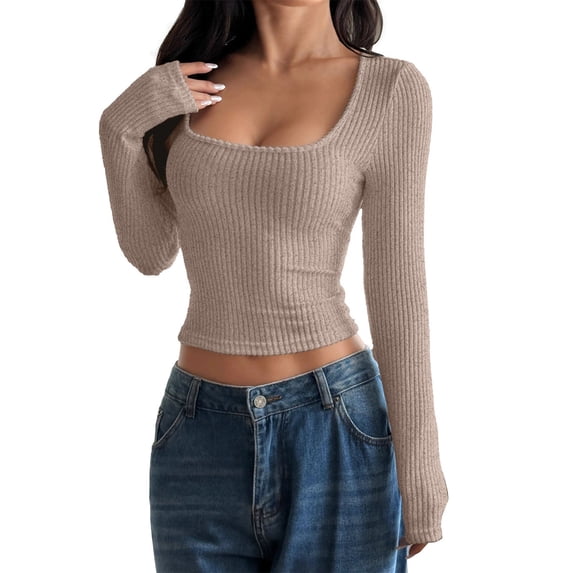 Vinsonshop Casual Ribbed Cropped Sweaters for Women Long Sleeve Square Neck Knit Tops Slim Fit Basic Pullover Jumpers Fall Fashion Khaki XL