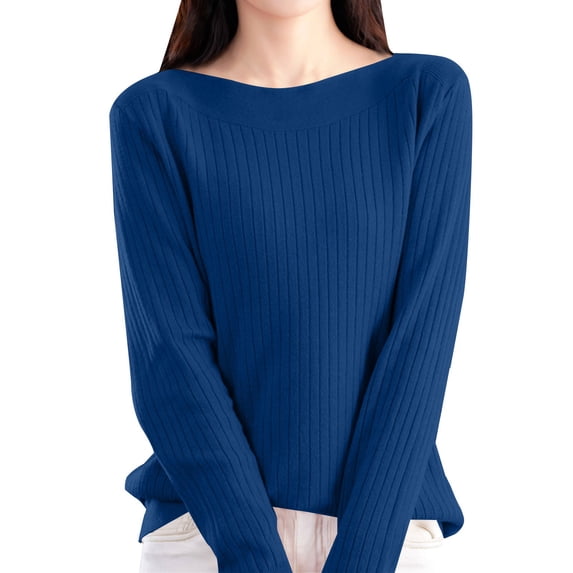 Vinsonshop Casual Ribbed Sweaters for Women Long Sleeve Boat Neck Knit Tops Slim Fit Basic Pullover Jumpers Fall Fashion Clothes Dark Blue XL