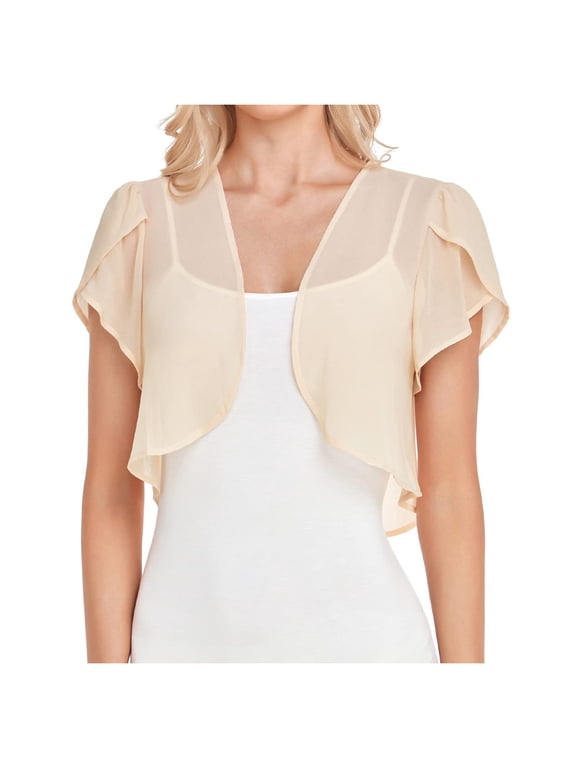 Chiffon Bolero Women's Cardigan Bolero Shrug Ruffle Short Sleeve Open Front Loose Sheer Jackets Beige S