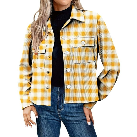 Vinsonshop Corduroy Jacket Women's Shacket Plaid Jacket for Woman Womens Coats and Jackets Cropped Plaid Jacket Spring Jackets Corduroy Shacket Women Yellow S