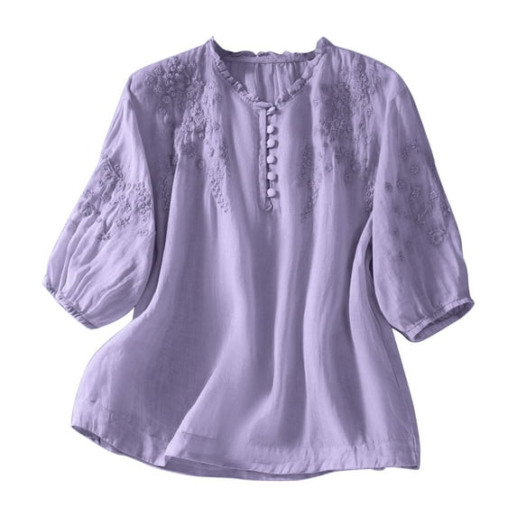 Vinsonshop Cotton Linen Blouse Loose Top Ruffle Tops Half Sleeve Peasant Blouses Gauze Shirts Lantern Sleeve Embroidered Boho Tops Vintage Embroidered Blouses Fashion 2026 Purple XL
