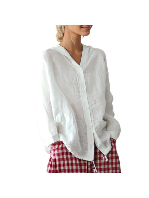 Cotton Linen Cardigan for Women Button Down long Sleeve Lightweight Coat Trendy Boho Beach Jacket 2026 White XXL