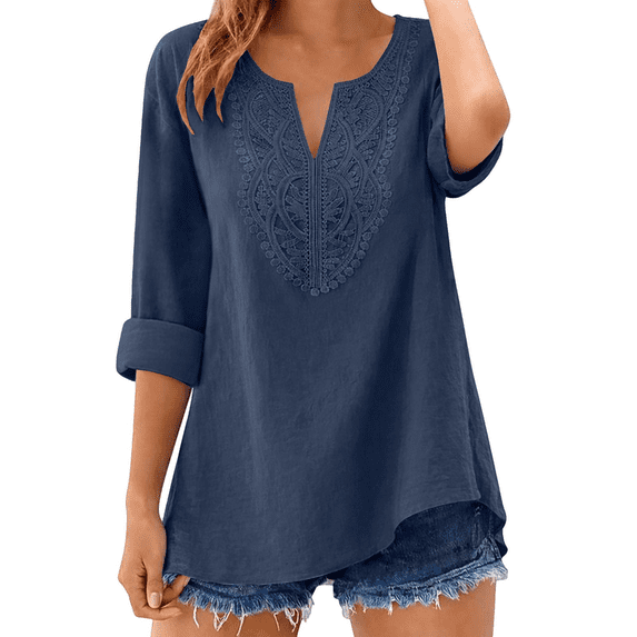 Vinsonshop Cotton Linen Shirts for Women Trendy Bohemian Blouses Embroidered Boho Tops Cotton Embroidered Peasant Vintage Embroidered Blouses Linen Clothes for Women Tunic Tops Boho Tunic Navy L