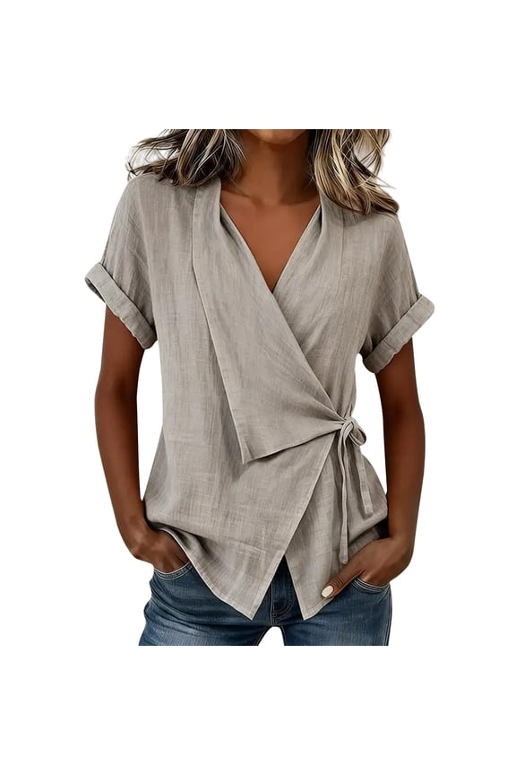 Cotton Linen Side Tie Blouses for Women V Neck Wrap Short Sleeve Tops Casual Tunic Shirts Asymmetrical Hem Loose Fit Summer Everyday Clothes Gray L