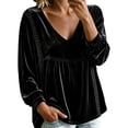 thumbnail image 1 of Vinsonshop Elegant Lace Trim Velvet Tops for Women V Neck Long Sleeve Babydoll Shirts Boho Flowy Peplum Blouses Black L, 1 of 3