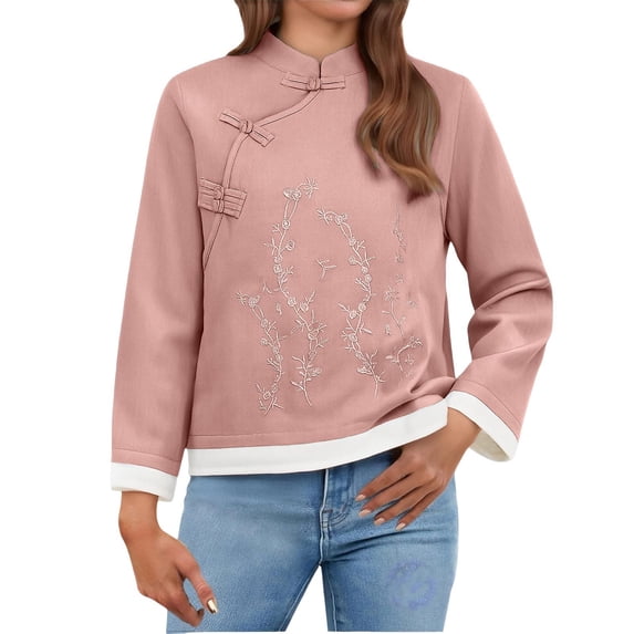 Vinsonshop Embroidered Cotton Linen Tops Elegant Long Sleeve Blouse Linen Clothes for Women Summer Clothes Retro Chinese Frog Button Camisas Para Mujer Womens Summer Clothes (M-4XL)