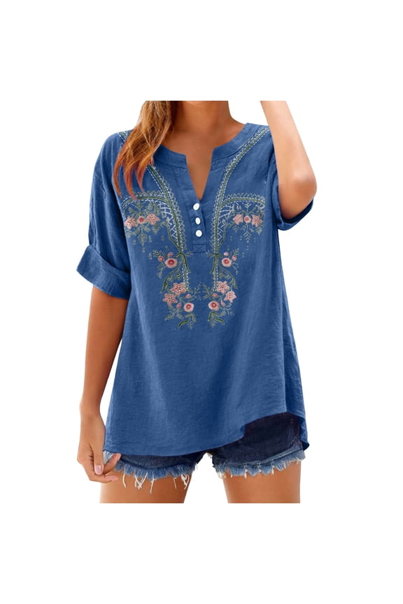 Embroidered Cotton Linen Tops Peasant Blouses Linen Tunic Summer Gauze Shirts Summer Tops Boho Tunic Summer Clothes Retro Embroidered Boho Summer Tops for Women 2026 (S-3XL)