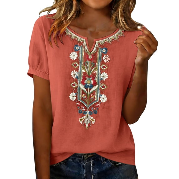 Vinsonshop Embroidered Cotton Linen Tops for Women Beach Shirts Cotton Linen Blouse Embroidered Shirt Vacation Clothes Peasant Gauze Blouses Boho Gauze Tops Summer Tops for Women Orange 3XL