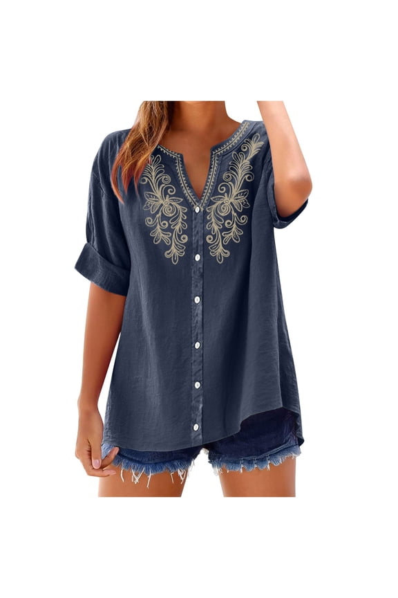 Embroidered Cotton Linen Tops for Women Embroidered Linen Tops V Neck Retro Embroidered Peasant Gauze Blouses Boho Linen Floral Embroidered Breathable Summer Tops for Women 2025 Navy L
