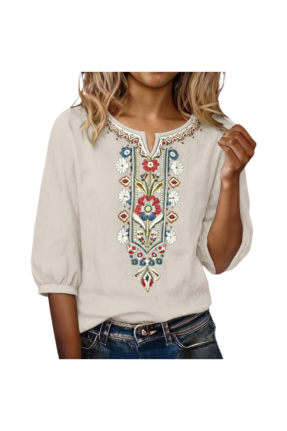 Embroidered Cotton Linen Tops for Women Summer Gauze Shirts Peasant Tops Retro Embroidered Boho Tunic Summer Clothes Short Sleeve Shirts Elegant Summer Tops for Teens (M-3XL)
