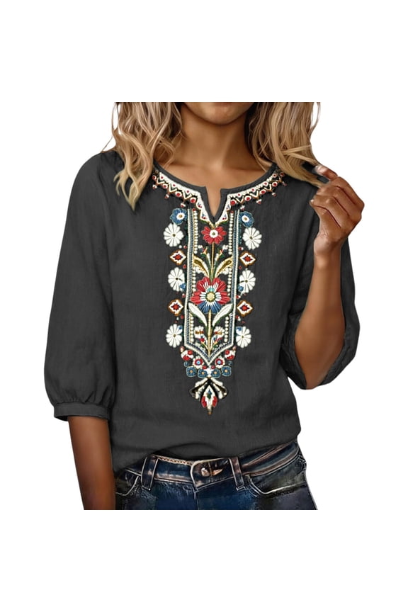 Embroidered Cotton Linen Tops for Women 3/7 Sleeve Summer Boho Peasant Gauze Blouses Dressy Casual Bohemian Shirts (S-3XL)