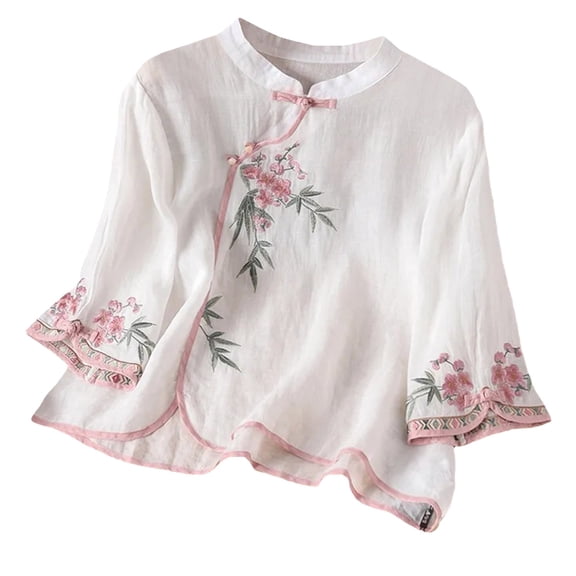 Vinsonshop Embroidered Tops for Women 3/4 Length Sleeve Womens Tops Cotton Linen Loose Fit Loose Floral Gauze Tunics Embroidered Blouses Summer Tops Summer Outfits (M-4XL)