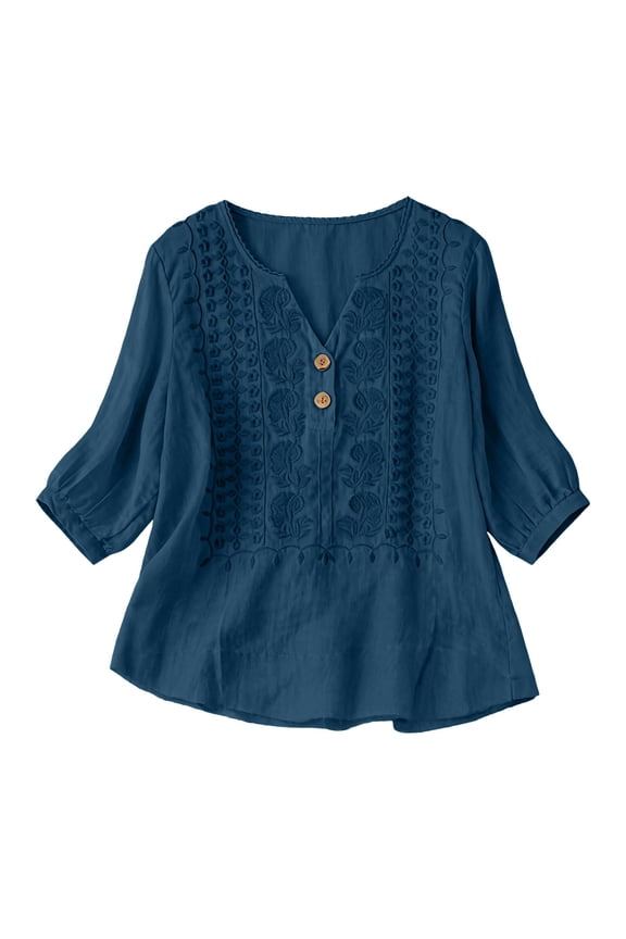 Embroidered Tops for Women Bohemian Tops Boho Tunic Elbow Sleeve Cotton Linen Boho Peasant Embroidered Tops Bohemian Blouses Peasant Blouses Summer Tops Summer Clothes Dark Green L