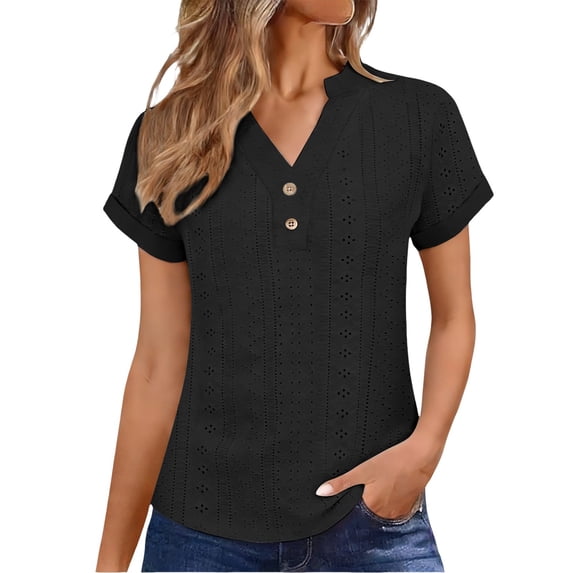 Vinsonshop Eyelet Tops for Women Travel Clothes Short Sleeve Shirts V Neck Solid Tshirts for Women Eyelet Tees Embroidered Tops Womens Clothing Beach Tops (S-5XL)