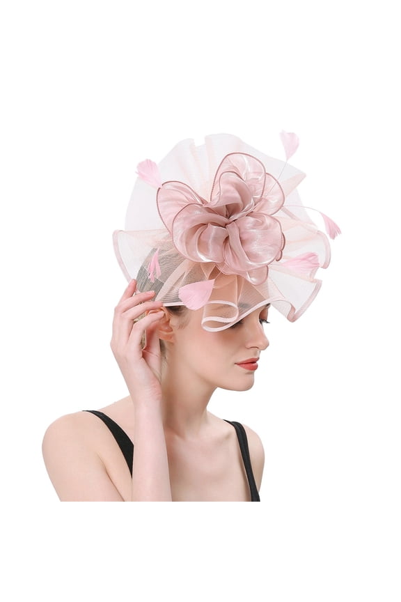 Fascinator Church Hats for Women Formal Feather Mesh Netting Wedding Guest Garden Party Tea Party Elegant Ladies Hat Pink