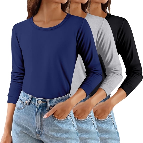 Vinsonshop Fleece Lined Crewneck Tops 3 Pack Women Long Sleeve Thermal Base Layer Shirts Khaki XXL