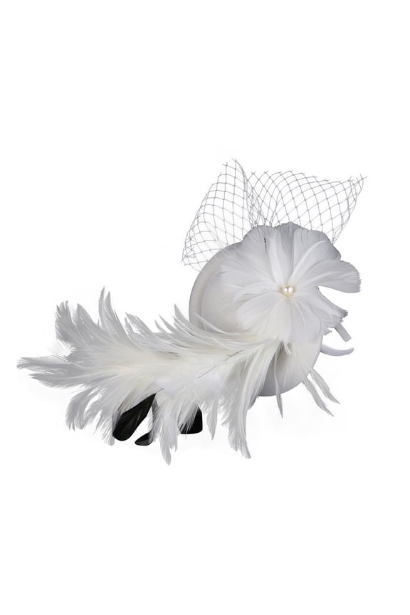 Formal Fascinator Hats Women Church Dress Hat with Feathers Mesh Netting Wedding Guest Garden Party Tea Party Elegant Headwear White
