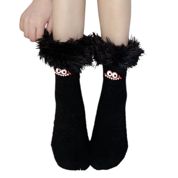 Vinsonshop Funny Monster Fuzzy Socks Cozy Winter Cabin Socks Warm Lounge Plush Socks Soft Socks Black One Size