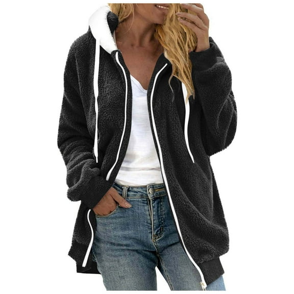 Vinsonshop Fuzzy Hoodie Zip Up Hoodie Women Furry Jackets for Women Hooded Jacket Women Warm Jackets for Women Going Out Jacket Fluffy Hoodie Black L