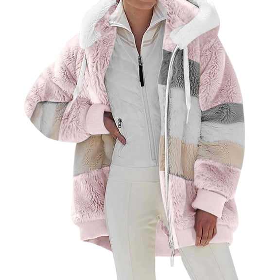 Vinsonshop Fuzzy Jacket Womens Hoodies Zip Up Fleece Hoodie Outerwear for Women Warm Jackets for Women Casual Hooded Jackets for Women's Winter Jacket Pink 5XL
