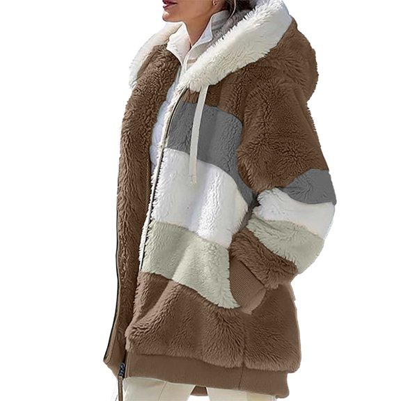 Vinsonshop Fuzzy Jackets for Women Zip Up Hoodie Women Winter Clothes for Women Casual Outerwear Fleece Hoodie Casual Hooded Jackets for Women Hoodies with Zipper Khaki XXL