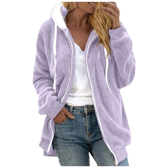 Vinsonshop Fuzzy Jackets for Women Zip Up Hoodie Women Womens Fleece Zip Up Jacket Warm Hoodies for Women Casual Hooded Jackets for Women Winter Jackets for Women Light Violet S