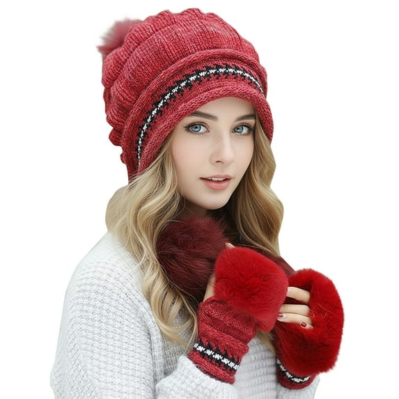 Vinsonshop Hat and Gloves for Women Hat and Glove Set for Women Beanie Hat Winter Gloves Winter Hats for Women Winter Hat and Gloves Winter Accessories for Women Red One Size
