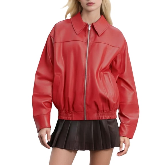 Vinsonshop Leather Jacket Women Motorcycle Jacket Women Faux Leather Bomber Jacket Women Womens Bomber Jacket Spring Jackets Womens Zip Up Jacket Casual Outerwear Red L