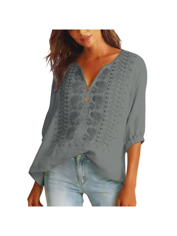 Lightweight Breathable Linen Cotton Boho Peasant Blouses for Women Embroidered Loose Summer Tops Casual Bohemian Shirts Z2 Bronze M