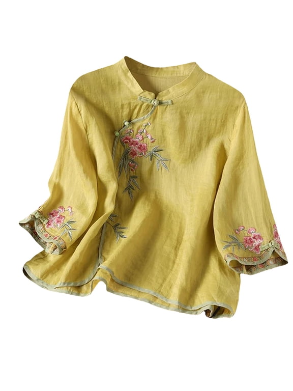 Linen Shirts for Women Boho Tunic Beach Shirts Boho Peasant Tops Mandarin Collar Retro Embroidered Boho Embroidered Tops Beach Outfits (M-4XL)