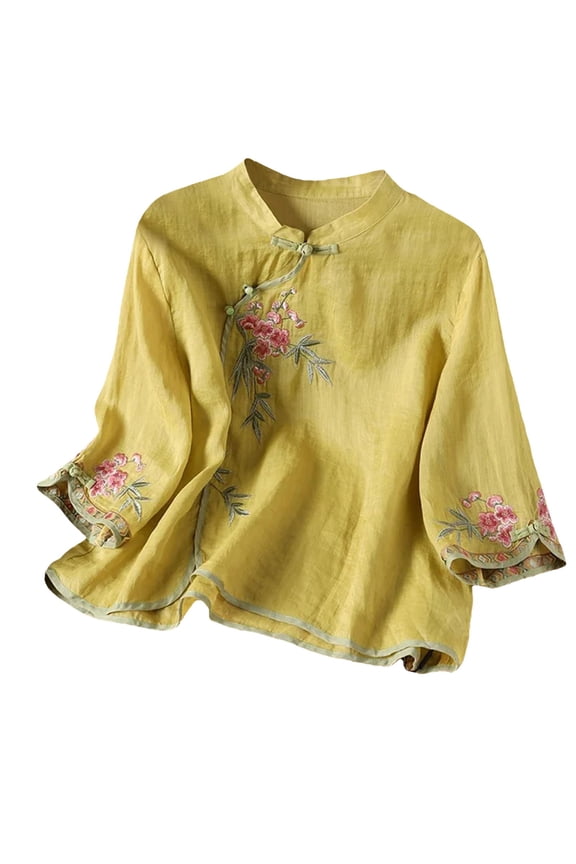 Linen Shirts for Women Boho Tunic Beach Shirts Boho Peasant Tops Mandarin Collar Retro Embroidered Boho Embroidered Tops Beach Outfits (M-4XL)