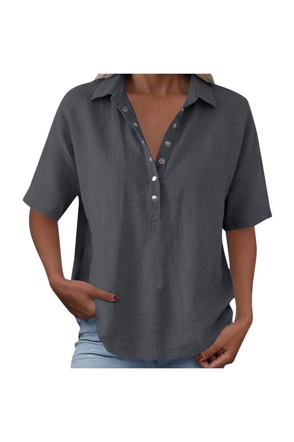 Linen Shirts Women Cotton Gauze Blouses for Women Dressy Casual Linen Polo Solid Color Tunic Tops Dressy Casual Clothes Summer Blouse Dark Gray XXL