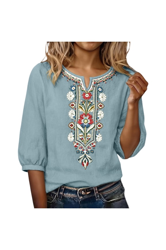 Linen Shirts for Women Embroidered Boho Tops Summer Clothes Womens Clothing Short Sleeve Shirts Linen Embroidered Boho Peasant Beach Vacation Clothes (M-3XL)