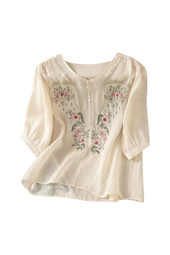 Linen Shirts Women Embroidered Tops Floral Tops for Women Vintage Embroidered Blouses Crew Neck Loose Floral Gauze Tunics Embroidered Boho Tops Business Casual Beige L