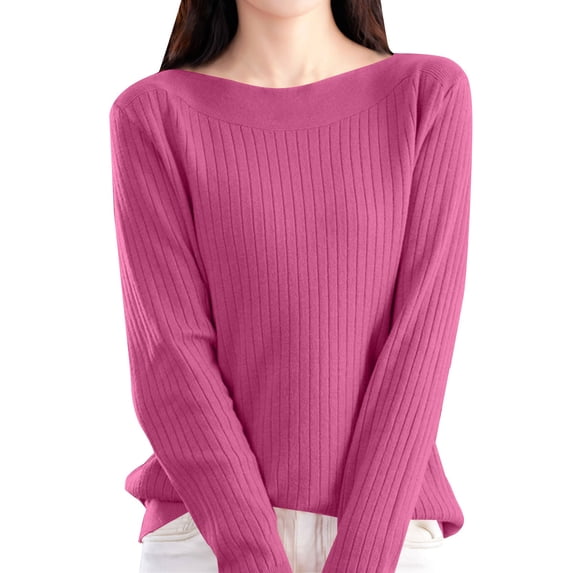 Vinsonshop Long Sleeve Boat Neck Sweaters for Women Ribbed Knit Pullover Slim Fit Casual Tops Fall Fashion Basic Layering Jumpers Hot Pink XXL