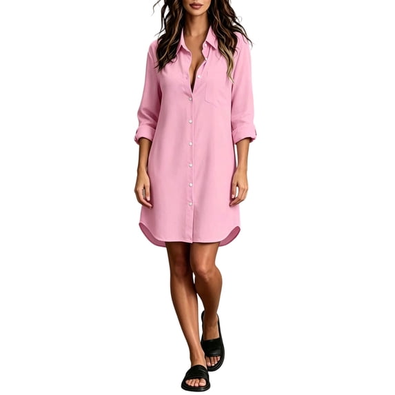 Vinsonshop Long Sleeve Button Down Blouses for Women Casual Lapel Collar Shirt Dress Long Tunic Tops Pink M