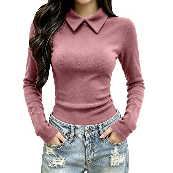 Vinsonshop Long Sleeve Polo Shirts for Women Lapel Collar Slim Fit Base Layer Tops Casual Everyday Tee Fall Fashion Work Blouse Winter Layering Shirts Pink XXL
