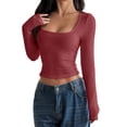 thumbnail image 1 of Vinsonshop Long Sleeve Ribbed Knit Crop Tops Women Square Neck Sweaters Slim Fit Casual Pullover Basic Jumpers Fall Fashion Everyday Wine S, 1 of 9