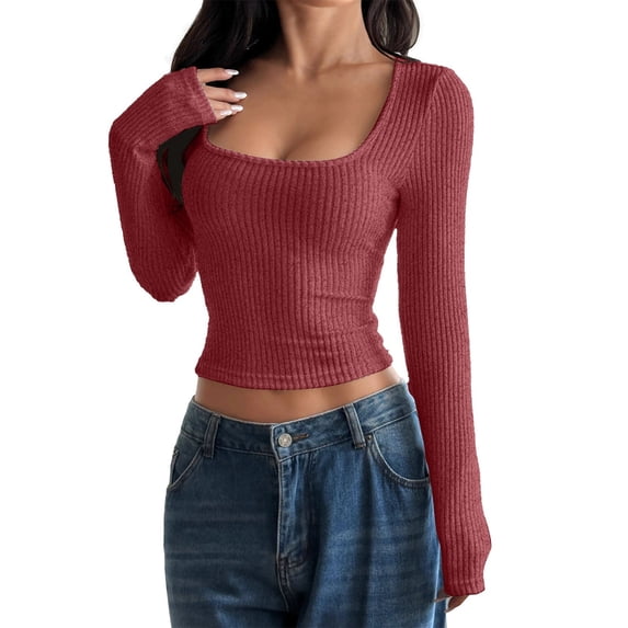 Vinsonshop Long Sleeve Ribbed Knit Crop Tops Women Square Neck Sweaters Slim Fit Casual Pullover Basic Jumpers Fall Fashion Everyday Wine S
